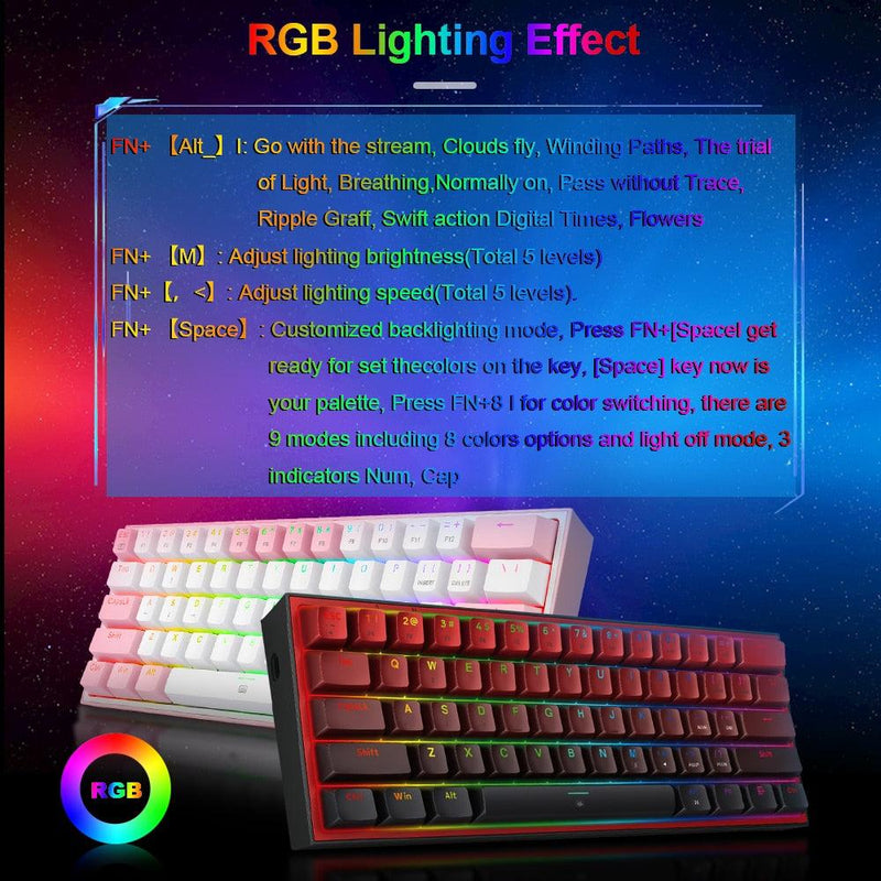 REDRAGON Fizz K617 RGB USB Mini Mechanical Gaming Wired Keyboard Red Switch 61 Key Gamer for Computer PC Laptop detachable cable - Caser Shop