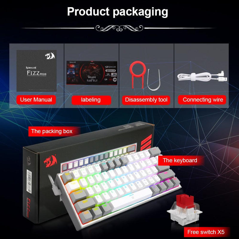 REDRAGON Fizz K617 RGB USB Mini Mechanical Gaming Wired Keyboard Red Switch 61 Key Gamer for Computer PC Laptop detachable cable - Caser Shop